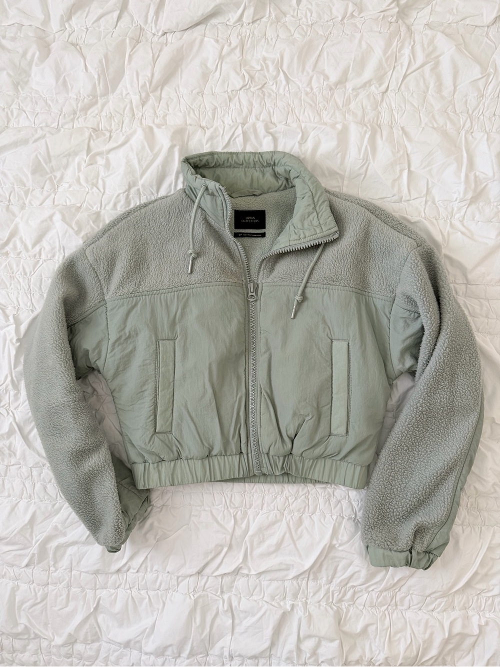 Urban Outfitters Cropped Fleece & Nylon Hybrid Jacket - Sage Green S